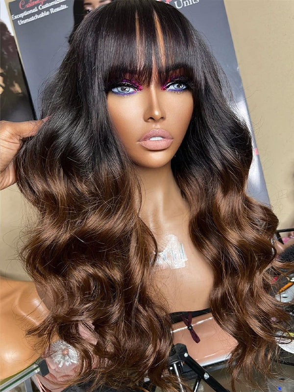 Chinalacewig Ombre Color Body Wave With Bang 5x5 HD Lace Closure Wig HG03