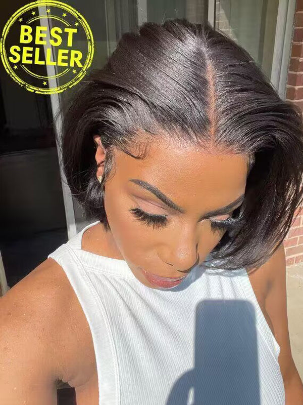 Short Bob Human Hair Wig Blunt Cut Glueless HD Lace Closure Wig Pre Plucked 10 Amazon.com : oulaer Natural Black Lace Front Wig Blunt Cut  main image 2