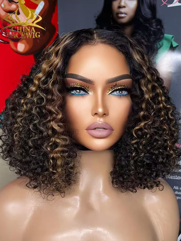 Chinalacewig 100% Human Hair Wig HD Lace Full Bottom Blonde Highlights Curly Lace Wigs