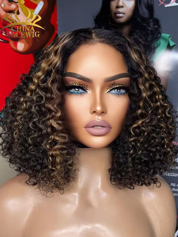 Chinalacewig 7x6 Royal 007 Lace Wig Wear &Go Breathable Cap Blonde Highlights Curly Wig CL03