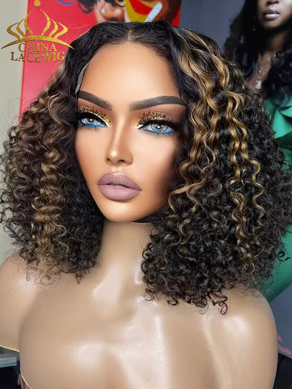 Chinalacewig 7x5.5 Royal 007 Lace Wig Wear &Go Breathable Cap Blonde Highlights Curly Wig CL03