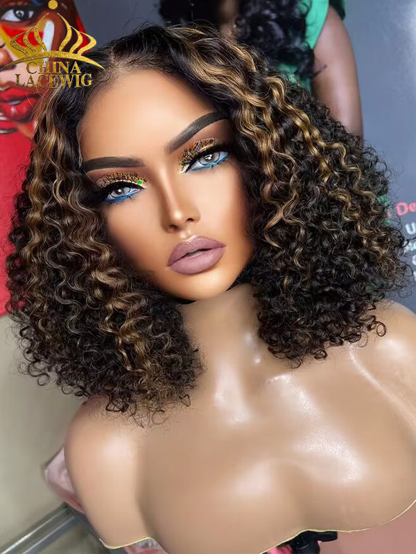 Chinalacewig 7x6 Royal 007 Lace Wig Wear &Go Breathable Cap Blonde Highlights Curly Wig CL03