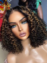 Chinalacewig 100% Human Hair Wig HD Lace Full Bottom Blonde Highlights Curly Lace Wigs
