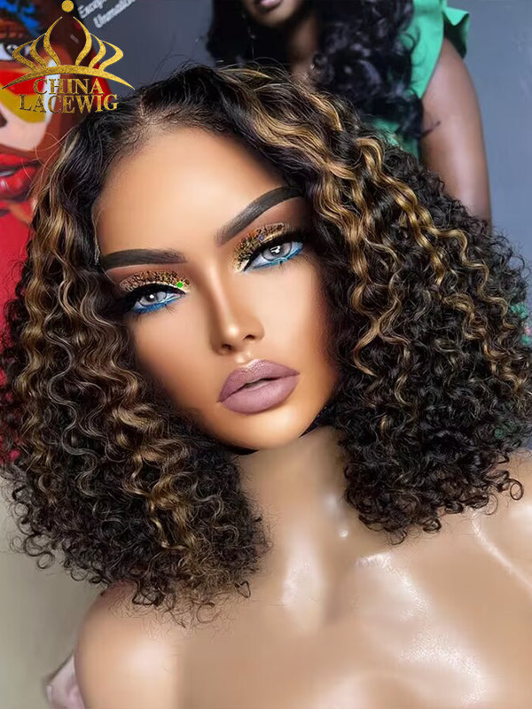 Chinalacewig 7x6 Royal 007 Lace Wig Wear &Go Breathable Cap Blonde Highlights Curly Wig CL03