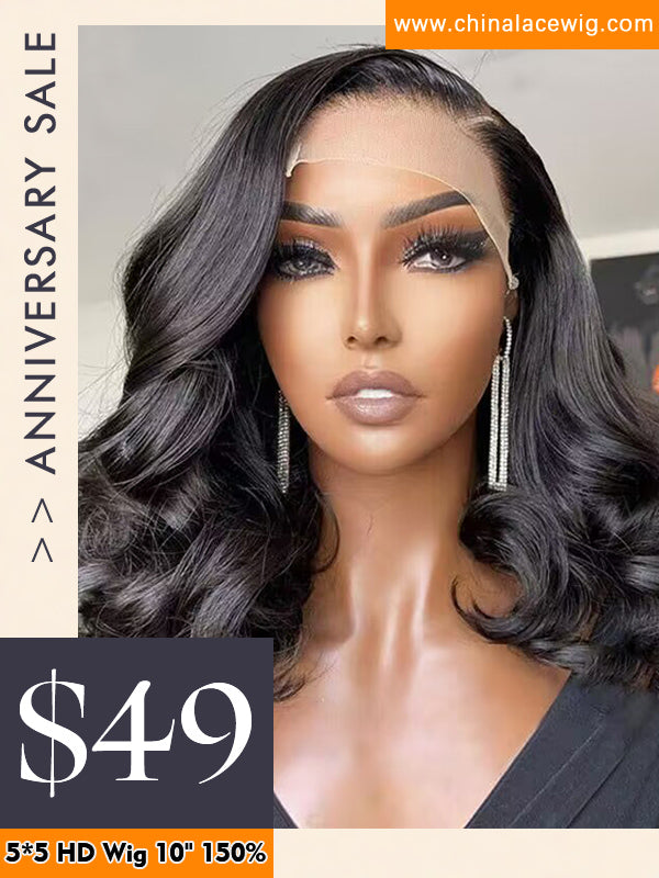 Chinalacewig Anniversary Sale Summer Wave Bob Natural Color 5x5 HD Lace Wig  AS03