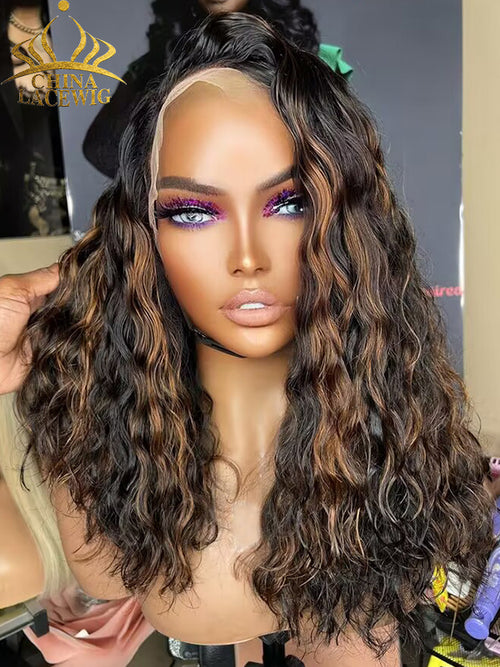 Chinalacewig Brown Ombre Highlights Water Wave Glueless 5x5 Closure HD Lace Wig CL06