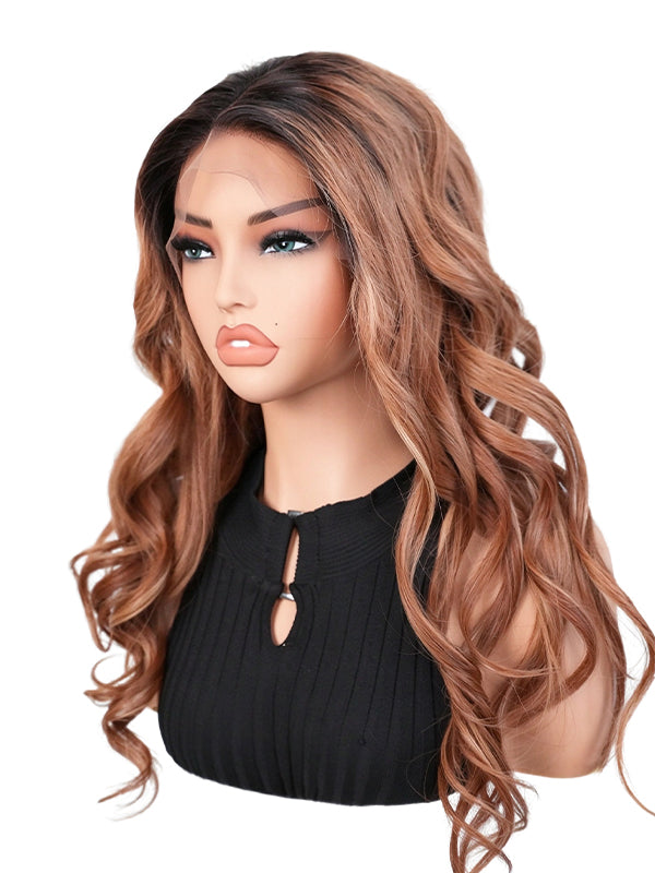 Black Friday Sale 13x4 Transparent Lace Front Human Hair Wig Ombre Brown Highlight Body Wave Wig FS07