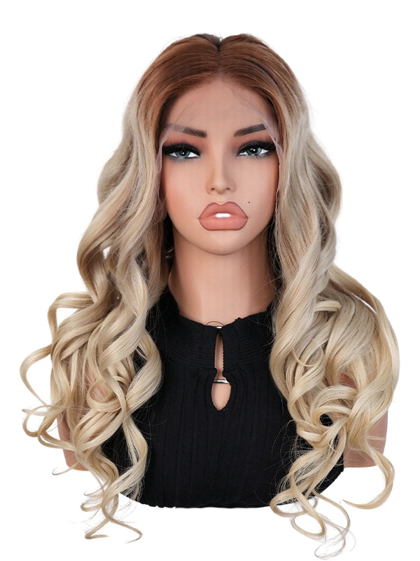 Black Friday Sale 13x4 Transparent Lace Front Human Hair Wig Ombre Light Ash Blonde With Brown Root Body Wave Wig FS05