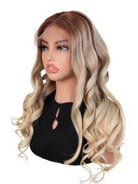 Black Friday Sale 13x4 Transparent Lace Front Human Hair Wig Ombre Light Ash Blonde With Brown Root Body Wave Wig FS05