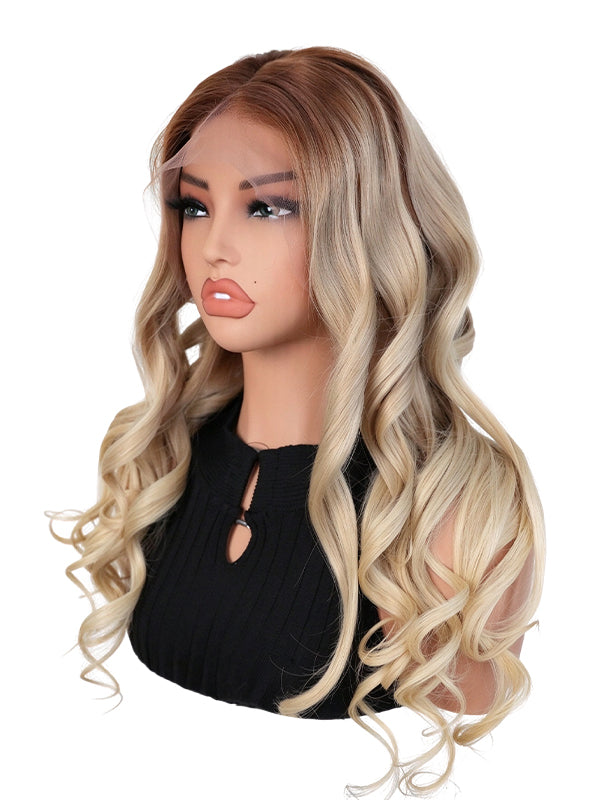 Black Friday Sale 13x4 Transparent Lace Front Human Hair Wig Ombre Light Ash Blonde With Brown Root Body Wave Wig FS05