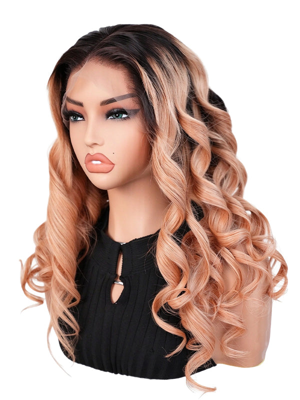 Black Friday Sale 13x4 Transparent Lace Front Human Hair Wig Ombre Light Orange With Black Root Body Wave Wig FS06