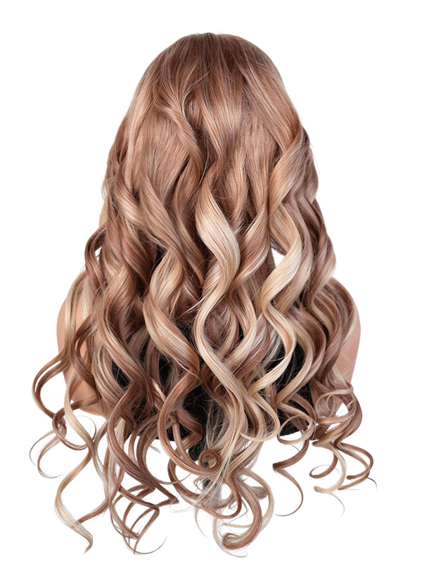 Black Friday Sale 13x6 Transparent Lace Front Human Hair Wig Light Ash Brown with Blonde Money Piece Highlights Wavy Wig FS04