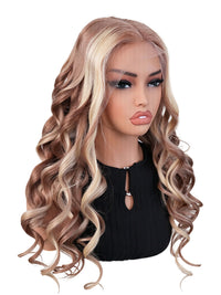 Black Friday Sale 13x6 Transparent Lace Front Human Hair Wig Light Ash Brown with Blonde Money Piece Highlights Wavy Wig FS04