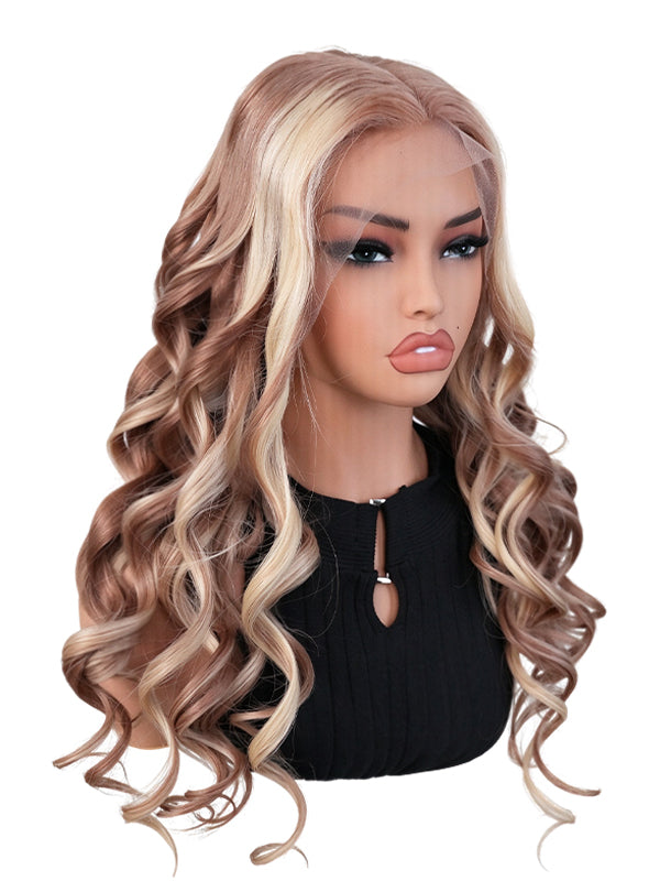 Black Friday Sale 13x6 Transparent Lace Front Human Hair Wig Light Ash Brown with Blonde Money Piece Highlights Wavy Wig FS04