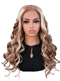 Black Friday Sale 13x6 Transparent Lace Front Human Hair Wig Light Ash Brown with Blonde Money Piece Highlights Wavy Wig FS04