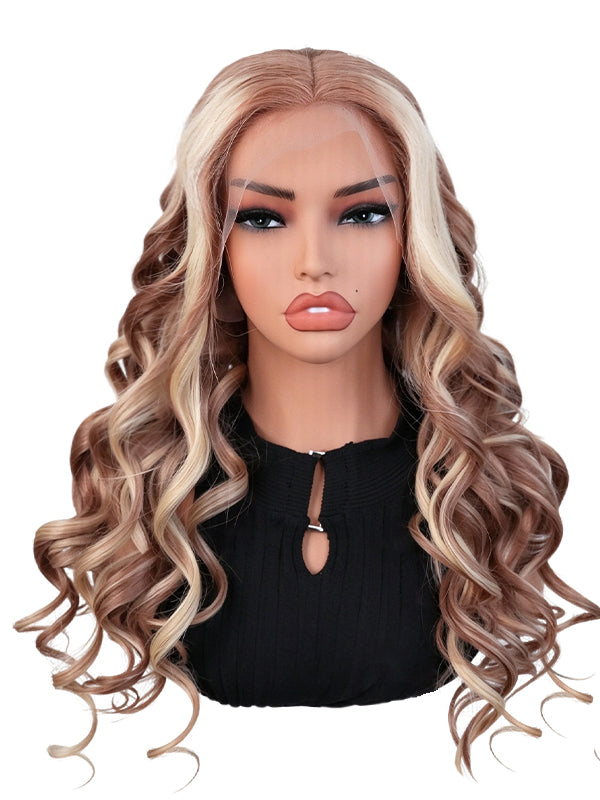 Black Friday Sale 13x6 Transparent Lace Front Human Hair Wig Light Ash Brown with Blonde Money Piece Highlights Wavy Wig FS04