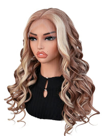 Black Friday Sale 13x6 Transparent Lace Front Human Hair Wig Light Ash Brown with Blonde Money Piece Highlights Wavy Wig FS04