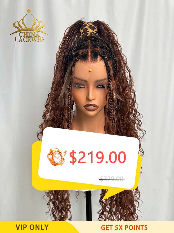 Black Friday Sale Chinalacewig #30 Color Flexi-Fit Invisible Drawstring Cap Full Lace Knotless Boho Curls Braided Long Wig Super Natural Scalp CB05