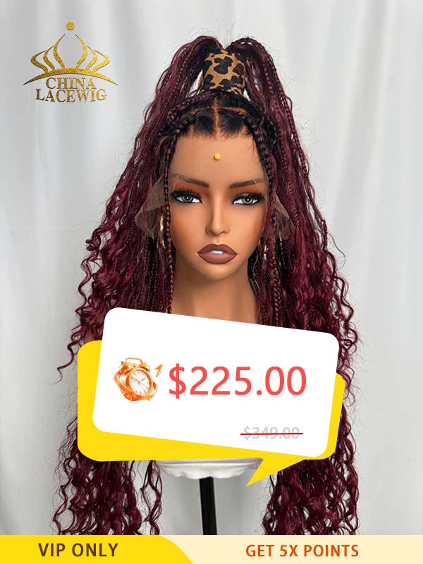 Black Friday Sale Chinalacewig 99J Color Flexi-Fit Invisible Drawstring Cap Full Lace Knotless Boho Curls Braided Long Wig Super Natural Scalp CB04