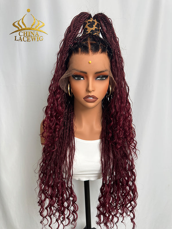 Chinalacewig 99J Color Flexi-Fit Invisible Drawstring Cap Full Lace Knotless Boho Curls Braided Long Wig Super Natural Scalp CB04