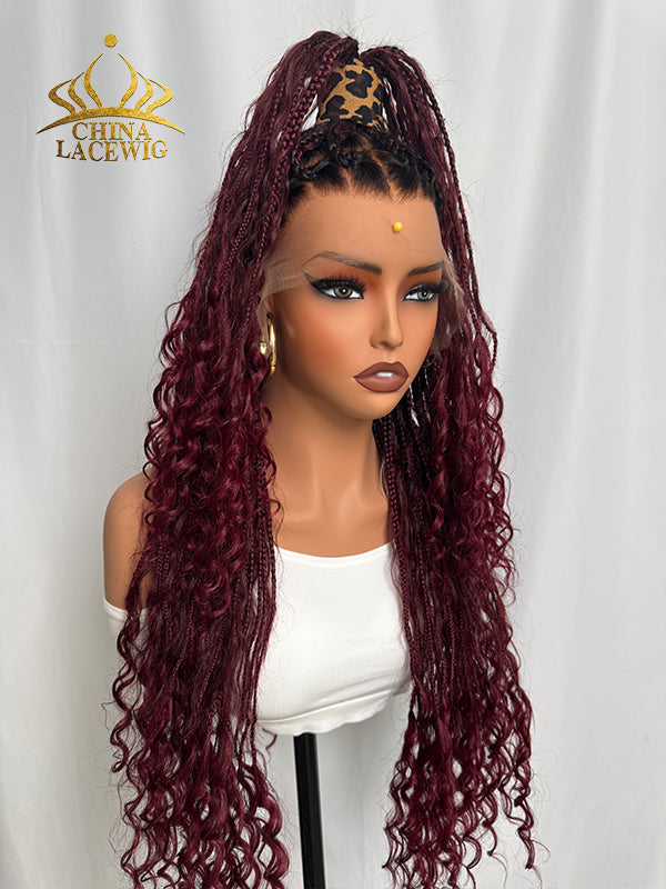 Chinalacewig 99J Color Flexi-Fit Invisible Drawstring Cap Full Lace Knotless Boho Curls Braided Long Wig Super Natural Scalp CB04