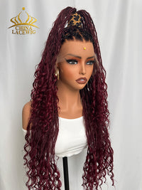 Chinalacewig 99J Color Flexi-Fit Invisible Drawstring Cap Full Lace Knotless Boho Curls Braided Long Wig Super Natural Scalp CB04