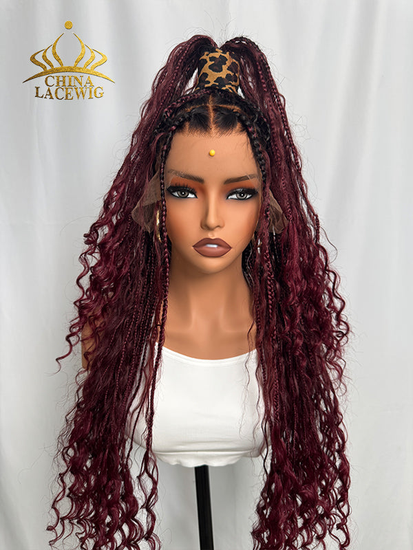 Chinalacewig 99J Color Flexi-Fit Invisible Drawstring Cap Full Lace Knotless Boho Curls Braided Long Wig Super Natural Scalp CB04