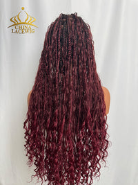 Chinalacewig 99J Color Flexi-Fit Invisible Drawstring Cap Full Lace Knotless Boho Curls Braided Long Wig Super Natural Scalp CB04