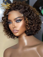 Chinalacewig Mix Brown Curly 5x5 Closure HD Lace Glueless Neck Length Wig 100% Human HairBeginner Friendly CL09