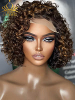 Chinalacewig Mix Brown Curly 5x5 Closure HD Lace Glueless Neck Length Wig 100% Human HairBeginner Friendly CL09