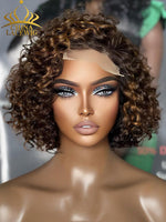 Chinalacewig Mix Brown Curly 5x5 Closure HD Lace Glueless Neck Length Wig 100% Human HairBeginner Friendly CL09