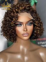 Chinalacewig Mix Brown Curly 5x5 Closure HD Lace Glueless Neck Length Wig 100% Human HairBeginner Friendly CL09