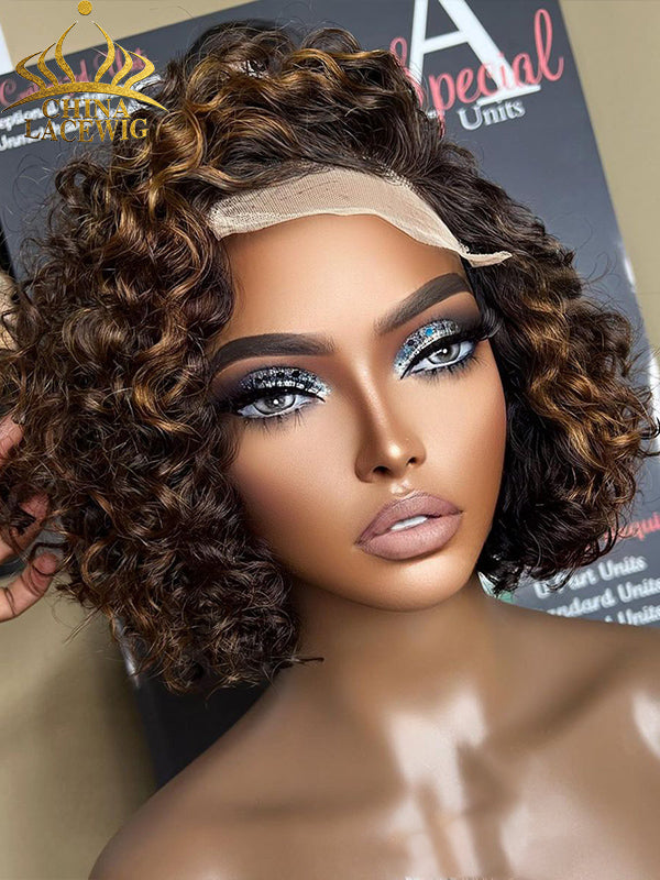 Chinalacewig Mix Brown Curly 5x5 Closure HD Lace Glueless Neck Length Wig 100% Human HairBeginner Friendly CL09