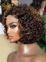 Chinalacewig Mix Brown Curly 5x5 Closure HD Lace Glueless Neck Length Wig 100% Human HairBeginner Friendly CL09