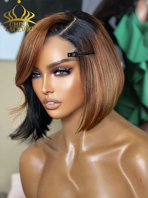 Chinalacewig Honey Brown Ombre 5x5 HD Glueless Bob Lace Wig Beginner Friendly CL08