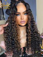 Chinalacewig Honey brown Highlight Deep Wave 13x4 HD Lace  Front Long Wig 100% human hair CL012