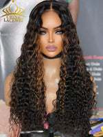 Chinalacewig Honey brown Highlight Deep Wave 13x4 HD Lace  Front Long Wig 100% human hair CL012