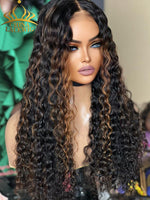 Chinalacewig Honey brown Highlight Deep Wave 13x4 HD Lace  Front Long Wig 100% human hair CL012