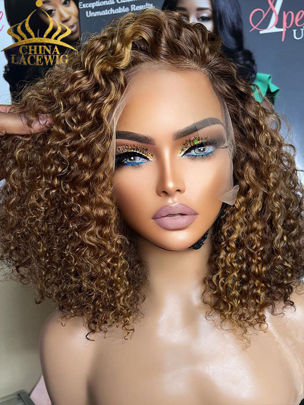 Chinalacewig 7x5.5 Royal 007 Lace Wig Ombre Brown Curly Wear &Go Breathable Cap WigCL011