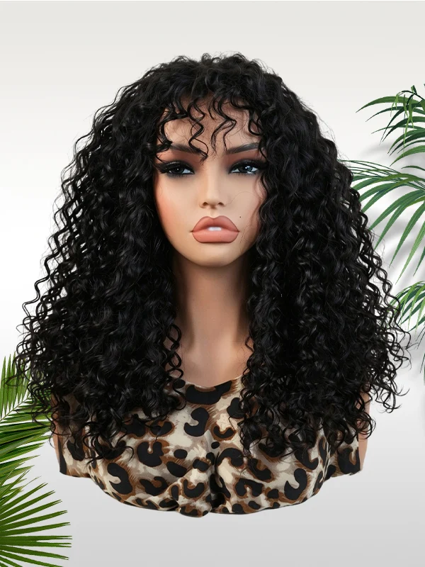Chinalacewig Water Wave Human Hair Wig with Bangs Glueless HD Lace Wig for Beginners CA10