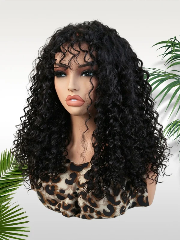 Chinalacewig Water Wave Human Hair Wig with Bangs Glueless HD Lace Wig for Beginners CA10