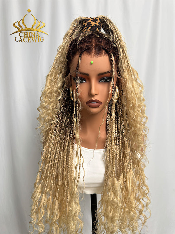Chinalacewig #27 Color Flexi-Fit Invisible Drawstring Cap Full Lace Knotless Boho Curls Braided Long Wig Super Natural Scalp CB03