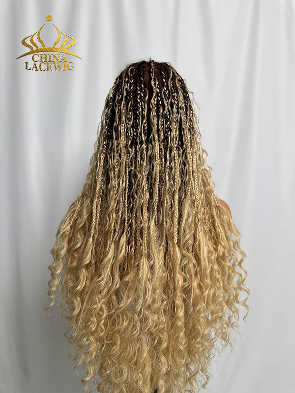 Chinalacewig #27 Color Flexi-Fit Invisible Drawstring Cap Full Lace Knotless Boho Curls Braided Long Wig Super Natural Scalp CB03