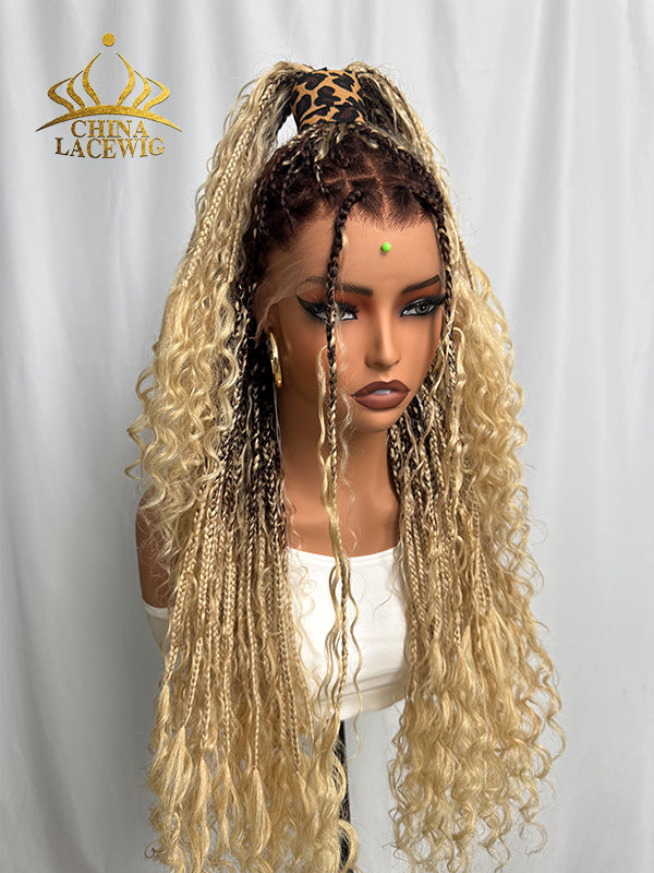 Chinalacewig #27 Color Flexi-Fit Invisible Drawstring Cap Full Lace Knotless Boho Curls Braided Long Wig Super Natural Scalp CB03