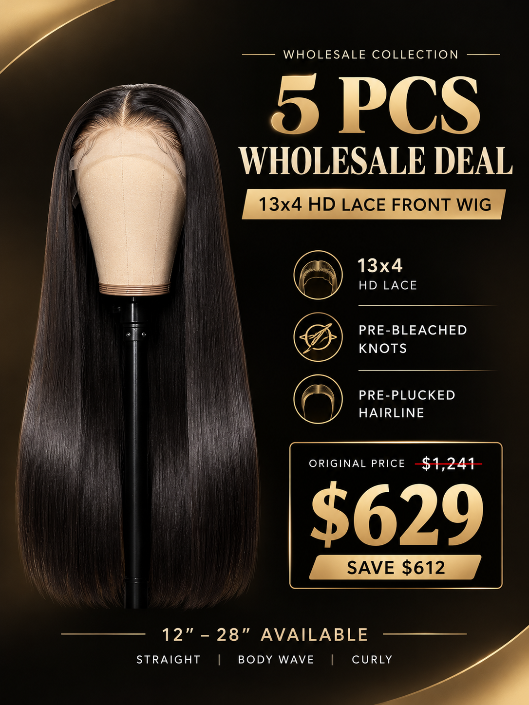 Chinalacewig 5 Pcs Wholesale Deal: 13x4 HD Lace Front Human Hair Wigs Pre-Bleached Knots & Pre-Plucked Hairline WH012
