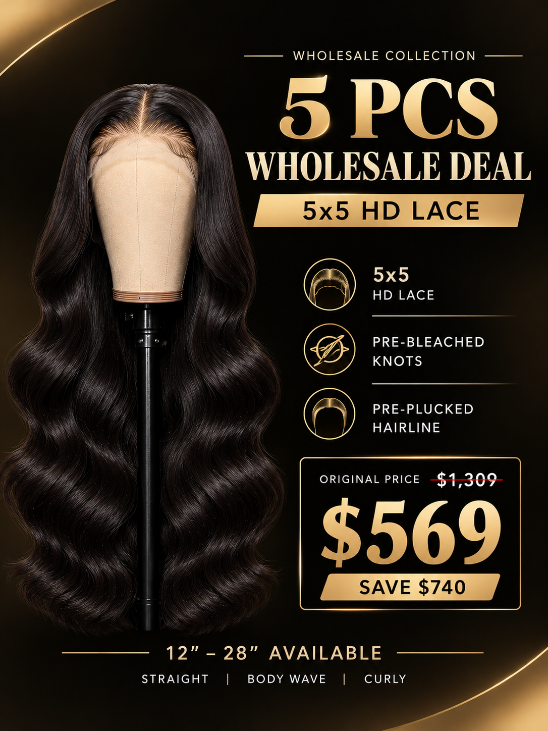 Chinalacewig 5 Pcs Wholesale Deal: 5x5 HD Lace Front Human Hair Wigs Pre-Bleached Knots & Pre-Plucked Hairline WH011