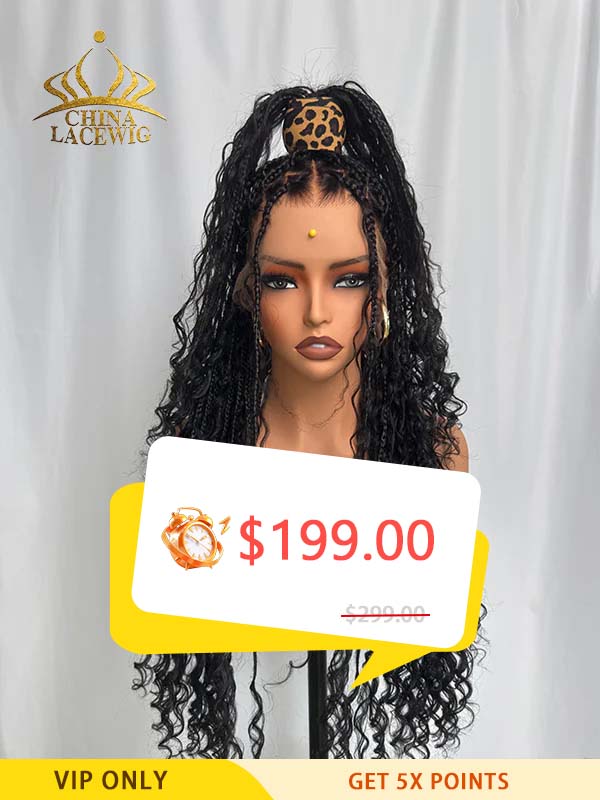 Black Friday Sale Chinalacewig Flexi-Fit Invisible Drawstring Cap Full Lace Knotless Boho Curls Braided Long Wig Super Natural Scalp CB02