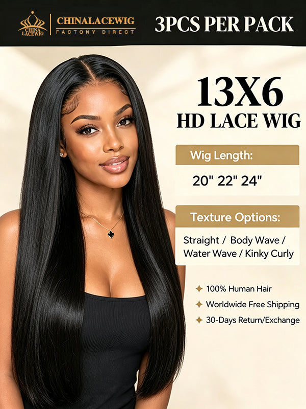 Chinalacewig Wholesale Deal: 13x6 HD Lace Front Human Hair Wigs, Pre-Bleached Knots & Pre-Plucked Hairline WH02
