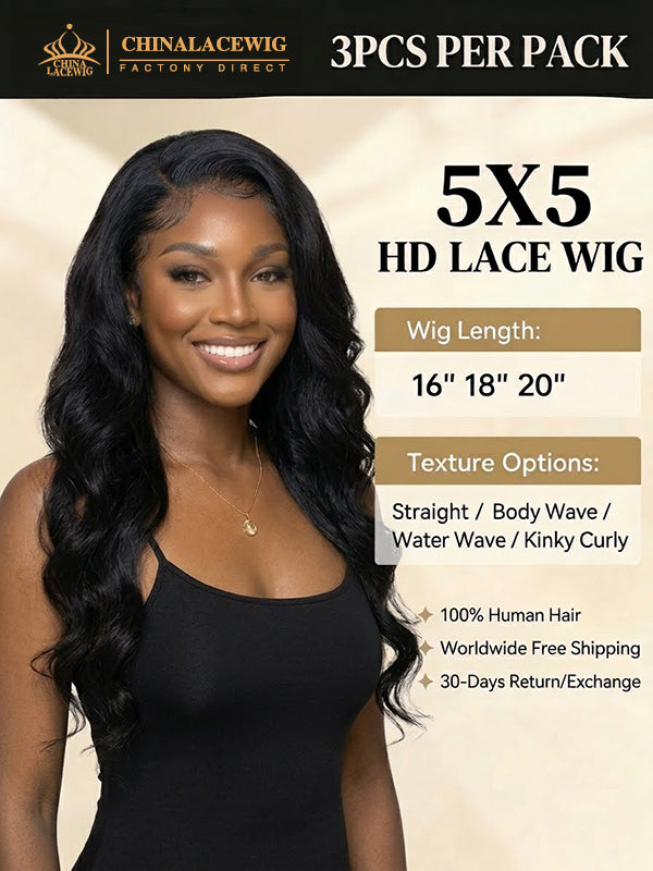Chinalacewig Wholesale Deal: 5x5 HD Lace Front Human Hair Wigs, Pre-Bleached Knots & Pre-Plucked Hairline WH05