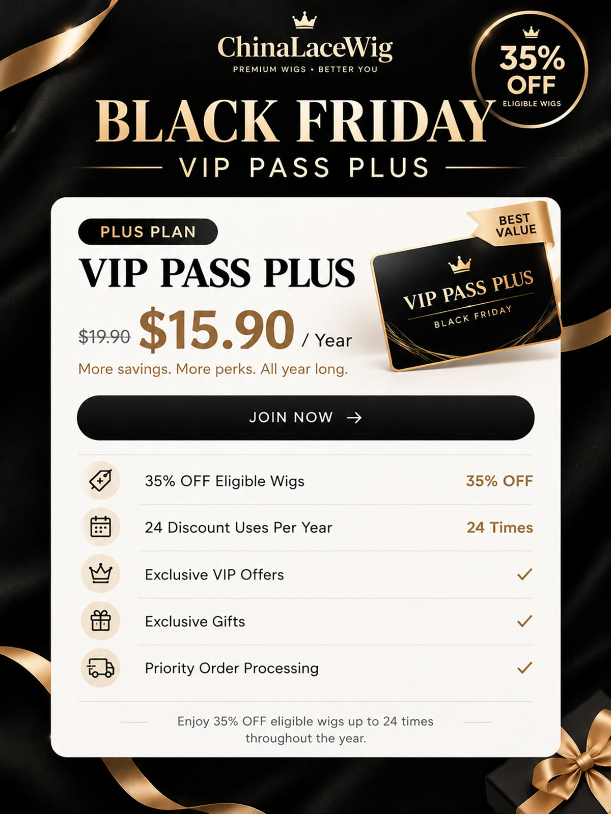 ChinaLaceWig Black Friday 2026 VIP Pass – 35% OFF All Year VIP01